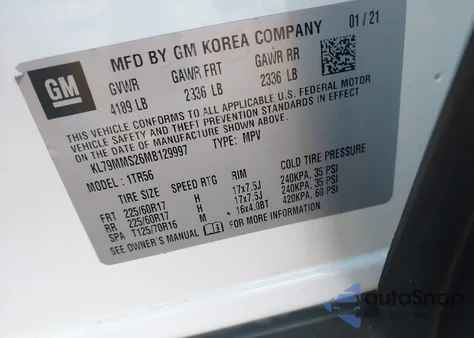 2021 Chevrolet Trailblazer Fwd Ls из США, поврежденный, VIN KL79MMS26MB129997